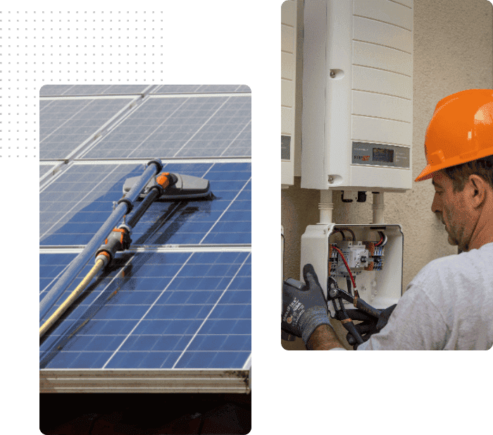 Technician performing maintenance on solar panels and electrical system.