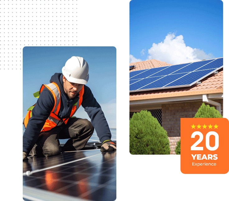 Technician installing solar panels on a residential roof under a clear blue sky.